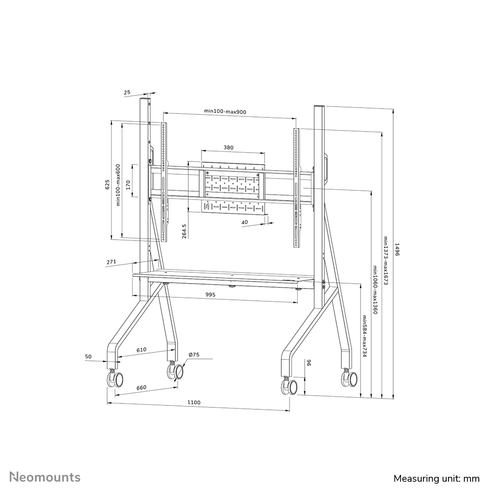 Neomounts FL50-525WH1 Support au sol mobile pour écran 55-86" - étagère multimédia incluse - installation rapide - TÜV
